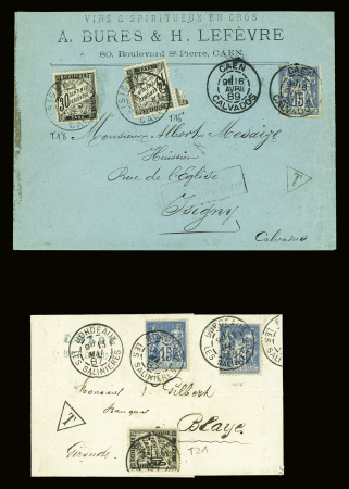 2 lettres : n°90, 2 pièces, OBL Bordeaux (1887) sur lettre avec taxe n°21, 60c noir, OBL Blaye et n°90 OBL Caen (1889) sur lettre avec timbre-taxe n°16 + 18. TB