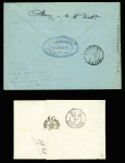 2 lettres : n°90, 2 pièces, OBL Bordeaux (1887) sur lettre avec taxe n°21, 60c noir, OBL Blaye et n°90 OBL Caen (1889) sur lettre avec timbre-taxe n°16 + 18. TB