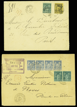 2 lettres recommandées et 1 lettre chargée : n°75 + 93 OBL CAD "Chargement Reims" (1885) sur LR, n°75 en paire + n°101, bande de 4 OBL St Saturnin les Avignon Vaucluse (1894) sur LR et n°75 + 82 + 99, 3 pièces (1 def) OB