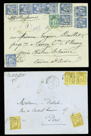 4 lettres chargées AFF divers Sage dont n°91, 3 pièces + 75 + 90 OBL Pontarlier (1879). TB