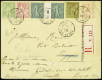 N°102 + 124 + 130, paire millésime 6 + 96 + 117 OBL CAD octogonal à cercle intérieur "Ligne N PAQ. FR. n°4" (1910) sur lettre recommandée avec griffe "Indochine Marseille" adressée en poste restante à Singapour