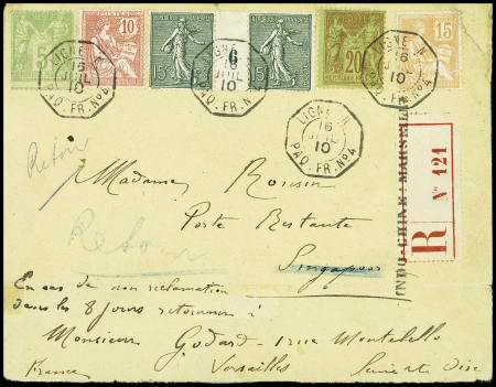 N°102 + 124 + 130, paire millésime 6 + 96 + 117 OBL CAD octogonal à cercle intérieur "Ligne N PAQ. FR. n°4" (1910) sur lettre recommandée avec griffe "Indochine Marseille" adressée en poste restante à Singapour