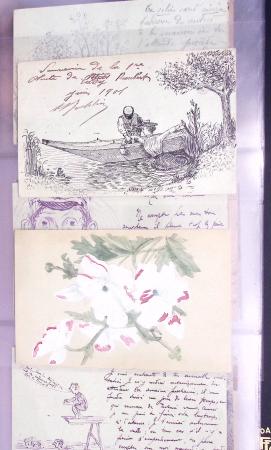 Lot de 77 entiers cartes postales 10c Mouchon et 10c Mouchon retouché avec illustrations dessinées ou peintes à la main. TB