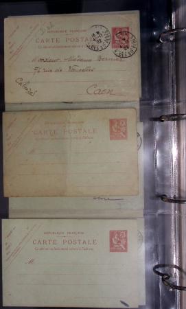 Lot de 77 entiers cartes postales 10c Mouchon et 10c Mouchon retouché avec illustrations dessinées ou peintes à la main. TB
