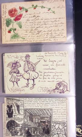 Lot de 77 entiers cartes postales 10c Mouchon et 10c Mouchon retouché avec illustrations dessinées ou peintes à la main. TB