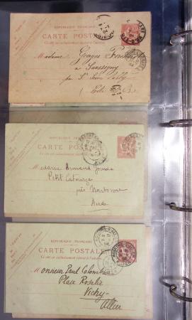 Lot de 77 entiers cartes postales 10c Mouchon et 10c Mouchon retouché avec illustrations dessinées ou peintes à la main. TB