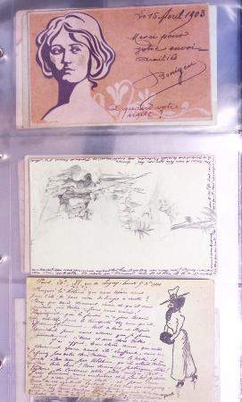 Lot de 77 entiers cartes postales 10c Mouchon et 10c Mouchon retouché avec illustrations dessinées ou peintes à la main. TB