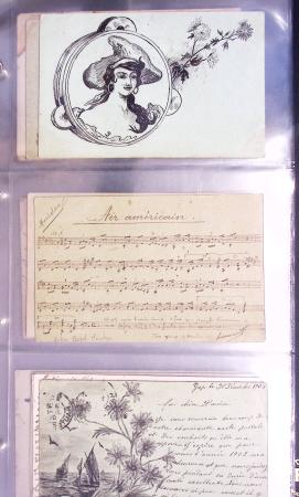 Lot de 77 entiers cartes postales 10c Mouchon et 10c Mouchon retouché avec illustrations dessinées ou peintes à la main. TB