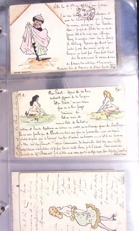 Lot de 77 entiers cartes postales 10c Mouchon et 10c Mouchon retouché avec illustrations dessinées ou peintes à la main. TB