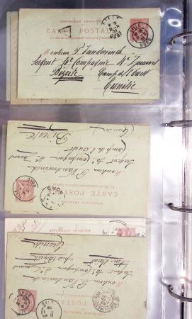 Lot de 77 entiers cartes postales 10c Mouchon et 10c Mouchon retouché avec illustrations dessinées ou peintes à la main. TB