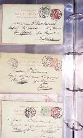 Lot de 77 entiers cartes postales 10c Mouchon et 10c Mouchon retouché avec illustrations dessinées ou peintes à la main. TB