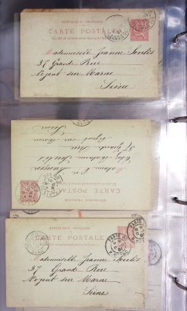 Lot de 77 entiers cartes postales 10c Mouchon et 10c Mouchon retouché avec illustrations dessinées ou peintes à la main. TB