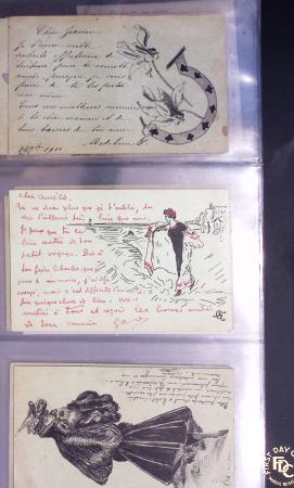 Lot de 77 entiers cartes postales 10c Mouchon et 10c Mouchon retouché avec illustrations dessinées ou peintes à la main. TB