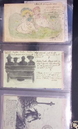 Lot de 77 entiers cartes postales 10c Mouchon et 10c Mouchon retouché avec illustrations dessinées ou peintes à la main. TB