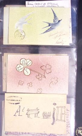 Lot de 77 entiers cartes postales 10c Mouchon et 10c Mouchon retouché avec illustrations dessinées ou peintes à la main. TB