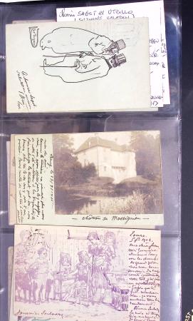 Lot de 77 entiers cartes postales 10c Mouchon et 10c Mouchon retouché avec illustrations dessinées ou peintes à la main. TB