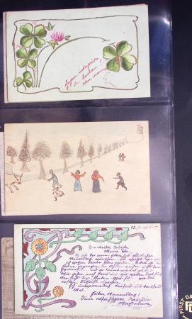 Lot de 77 entiers cartes postales 10c Mouchon et 10c Mouchon retouché avec illustrations dessinées ou peintes à la main. TB