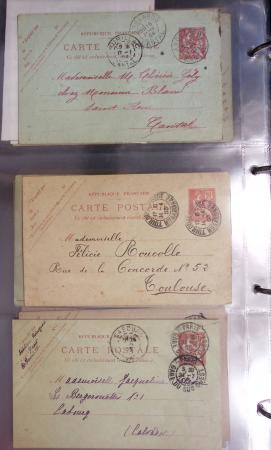 Lot de 77 entiers cartes postales 10c Mouchon et 10c Mouchon retouché avec illustrations dessinées ou peintes à la main. TB