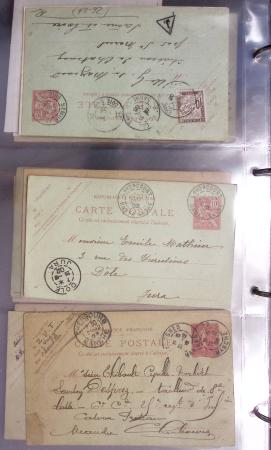 Lot de 77 entiers cartes postales 10c Mouchon et 10c Mouchon retouché avec illustrations dessinées ou peintes à la main. TB