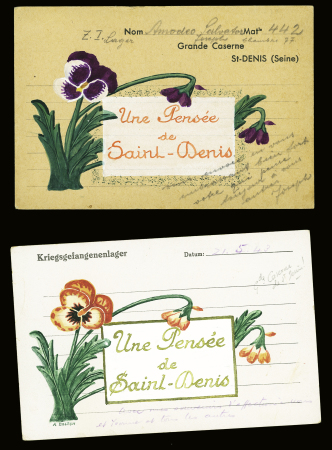 2 cartes postales "interniertenpost" et "Kriegsgefangenenpost" d'un civil anglais interné à la grande caserne de Saint Denis (1943) avec griffe violette encadrée "Gepruft n°1". TB