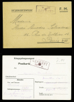2 cartes postales "interniertenpost" et "Kriegsgefangenenpost" d'un civil anglais interné à la grande caserne de Saint Denis (1943) avec griffe violette encadrée "Gepruft n°1". TB