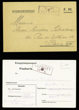 2 cartes postales "interniertenpost" et "Kriegsgefangenenpost" d'un civil anglais interné à la grande caserne de Saint Denis (1943) avec griffe violette encadrée "Gepruft n°1". TB