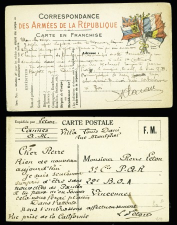 4 cartes postales de franchise militaire 1914 - 18 et 1939 + 1 carte bon à tirer "Pour les blessés de la guerre russo-japonaise (1905) avec illustrations dessinées ou peintes à la main. TB