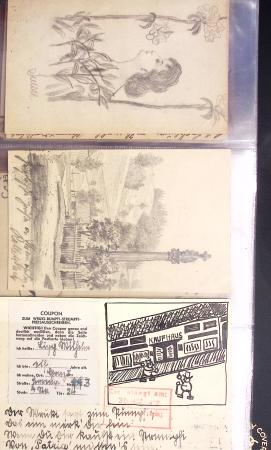 Album noir contenant 160 entiers cartes postales étrangères avec illustrations dessinées ou peintes à la main dont Autriche (10) - Allemagne (63) - Sarre (1) - Suisse (24) - Belgique (9) - Portugal (3) - Danemark (1)