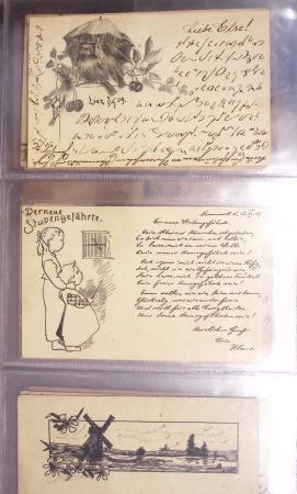 Album noir contenant 160 entiers cartes postales étrangères avec illustrations dessinées ou peintes à la main dont Autriche (10) - Allemagne (63) - Sarre (1) - Suisse (24) - Belgique (9) - Portugal (3) - Danemark (1)