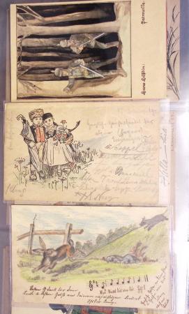 Album noir contenant 160 entiers cartes postales étrangères avec illustrations dessinées ou peintes à la main dont Autriche (10) - Allemagne (63) - Sarre (1) - Suisse (24) - Belgique (9) - Portugal (3) - Danemark (1)