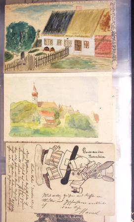Album noir contenant 160 entiers cartes postales étrangères avec illustrations dessinées ou peintes à la main dont Autriche (10) - Allemagne (63) - Sarre (1) - Suisse (24) - Belgique (9) - Portugal (3) - Danemark (1)