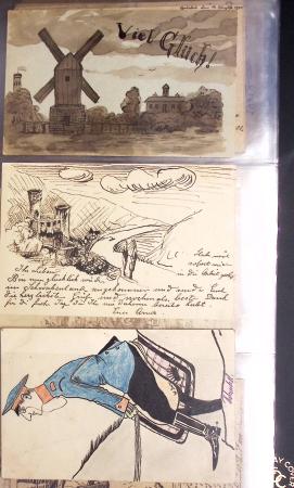 Album noir contenant 160 entiers cartes postales étrangères avec illustrations dessinées ou peintes à la main dont Autriche (10) - Allemagne (63) - Sarre (1) - Suisse (24) - Belgique (9) - Portugal (3) - Danemark (1)