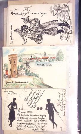 Album noir contenant 160 entiers cartes postales étrangères avec illustrations dessinées ou peintes à la main dont Autriche (10) - Allemagne (63) - Sarre (1) - Suisse (24) - Belgique (9) - Portugal (3) - Danemark (1)