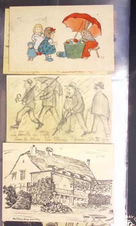 Album noir contenant 160 entiers cartes postales étrangères avec illustrations dessinées ou peintes à la main dont Autriche (10) - Allemagne (63) - Sarre (1) - Suisse (24) - Belgique (9) - Portugal (3) - Danemark (1)