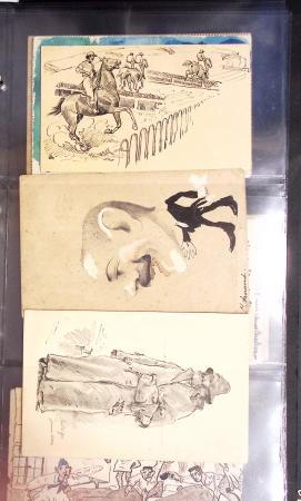 Album noir contenant 160 entiers cartes postales étrangères avec illustrations dessinées ou peintes à la main dont Autriche (10) - Allemagne (63) - Sarre (1) - Suisse (24) - Belgique (9) - Portugal (3) - Danemark (1)