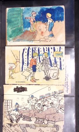 Album noir contenant 160 entiers cartes postales étrangères avec illustrations dessinées ou peintes à la main dont Autriche (10) - Allemagne (63) - Sarre (1) - Suisse (24) - Belgique (9) - Portugal (3) - Danemark (1)