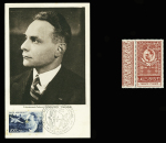 Tchécoslovaquie n°168 + 185 OBL Praha (2.6.24) sur carte postale avec signature autographe de jean Dagnaux. Sont jointes une vignette 30F rouge ailes brisées et une carte maximum AFF PA n°22. TB