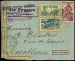 2 mai 1939. Accident à Argana (Maroc) du Dewoitine D338 Ville de Dakar - env consolidée par bande PTT avec griffe violette "Service postal français correspondance retardée par accident d'avion - prière de ne pas taxer"