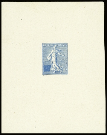 Feuillet d'essai avec figurine en bleu sans valeur indiquée dans le cartouche. TB