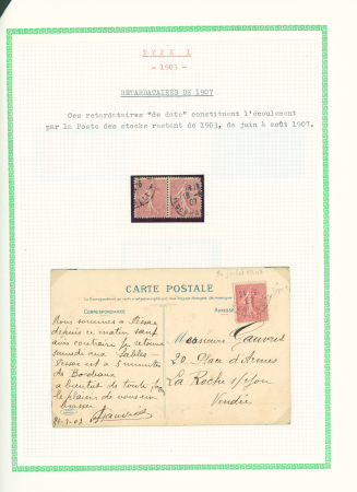 N°129, petit lot dont erreur de piquage, millesime 3 en paire et bloc de 4 interpanneau, utilisation tardive en juin 1907 sur carte postale. TB