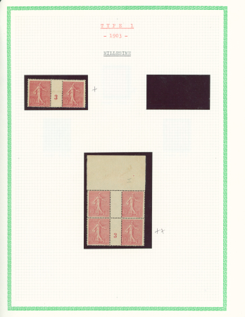 N°129, petit lot dont erreur de piquage, millesime 3 en paire et bloc de 4 interpanneau, utilisation tardive en juin 1907 sur carte postale. TB