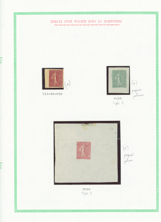 3 essais du 15c avec valeur dans le cartouche, neufs sans gomme comme habituellement : 15c lie de vin, 15c vert sur papier pelure, 15c rose type 2 sur papier pelure. TB lot