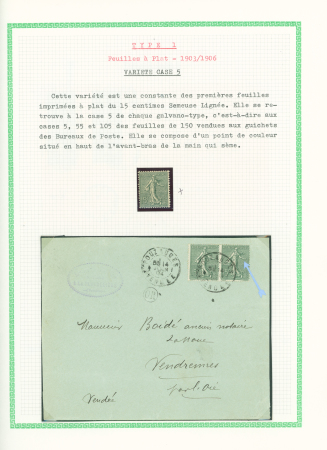 N°130 type 1, variété de la case 5 (point de couleur situé en haut de l'avant-bras de la main qui sème) : blocs de 4 interpanneau millésimes 5 et 6 et 2 lettres. TB