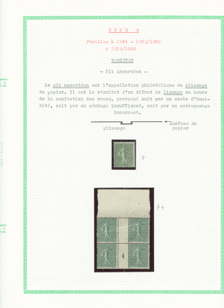 N°130 type 4, bloc de 4 interpanneau avec variété pli accordéon sur les 2 timbres supérieurs. TB