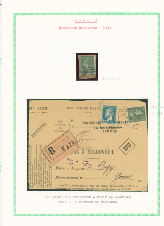 N°130 type 6 de roulette, 2 fragments et un devant de lettre : n°130F - n°130F + 176, 50c Pasteur de roulette - n°130F, 2 pièces + 177, 75c Pasteur de roulette. TB