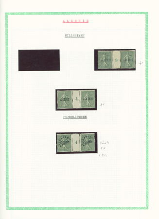 Algérie n°10, 3 paires millésimes 4 (2) et 9 + bloc de 30 avec millésime 8 et panneau de 50 avec millésime 8 et manchette GC. TB