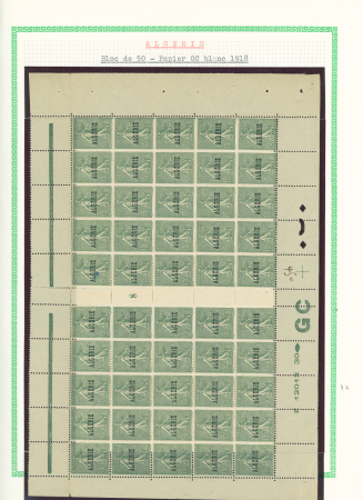 Algérie n°10, 3 paires millésimes 4 (2) et 9 + bloc de 30 avec millésime 8 et panneau de 50 avec millésime 8 et manchette GC. TB