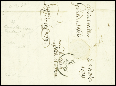 BAS-RHIN cursive double "67 Bischwiller Strasbourg" + dateur "A" (1829), ind 19. TB
