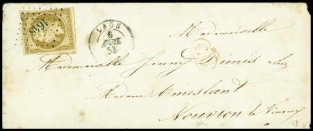 N°9 OBL PC 1648 + T15 Laon (6 avril 1853) sur lettre avec marque "CL" encadrée rouge, B/TB