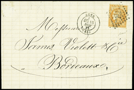 N°48 40c orange OBL GC 12 + T17 Agen (1871) sur lettre. TB